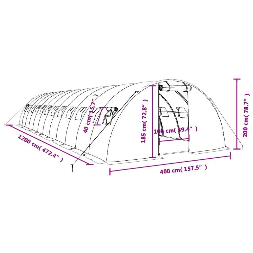 vidaXL Šiltnamis su plieno rėmu, baltos spalvos, 12x4x2m, 48m²