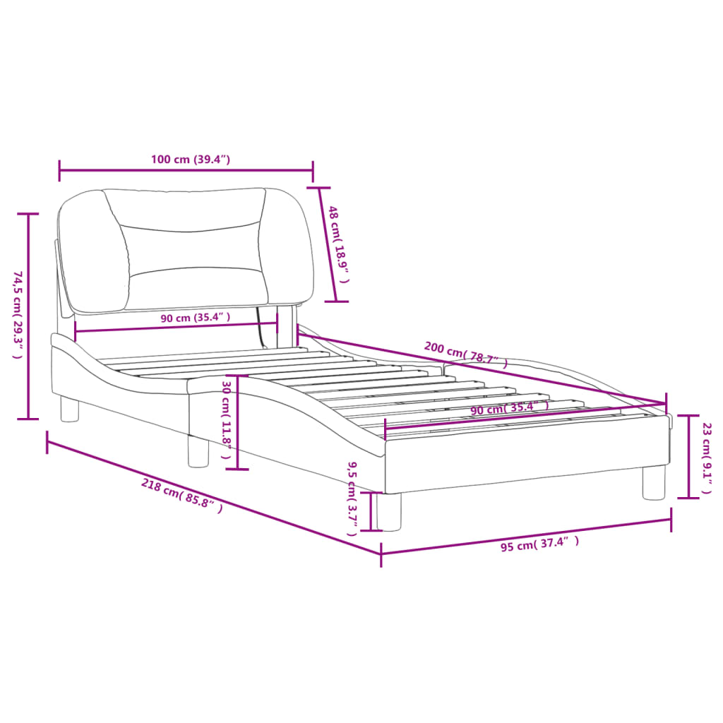 vidaXL Lovos rėmas su LED, juodos spalvos, 90x200cm, dirbtinė oda