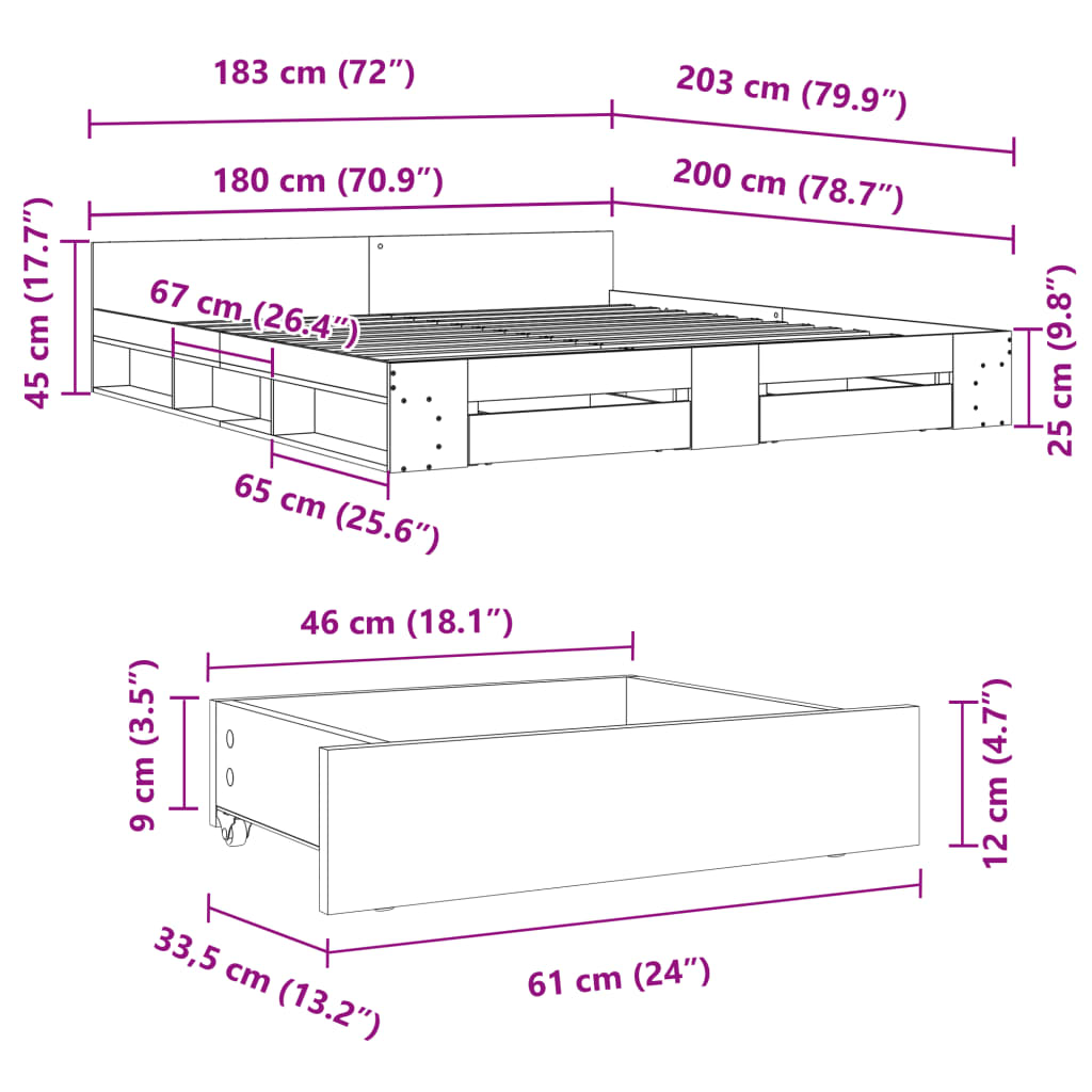 vidaXL Lovos rėmas su stalčiais, ąžuolo, 180x200cm, apdirbta mediena