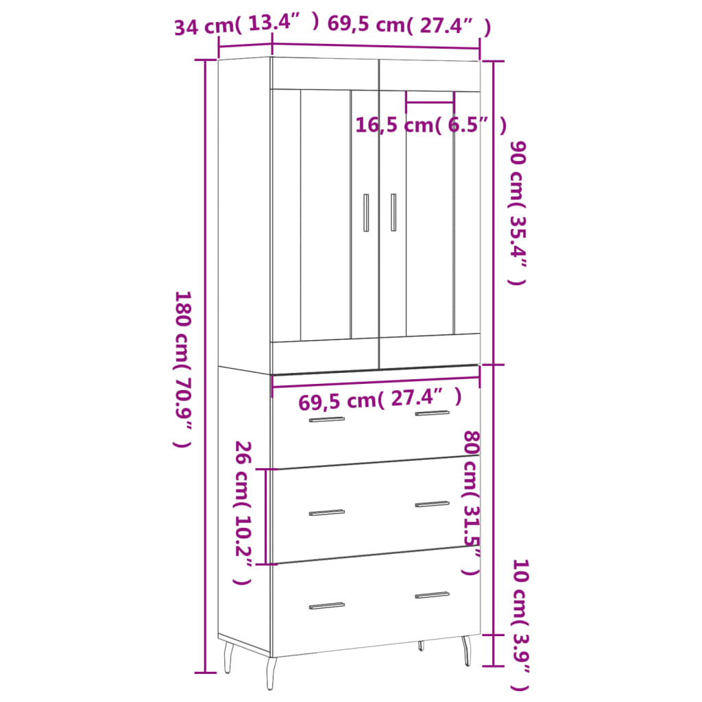 vidaXL Komoda, betono pilkos spalvos, 69,5x34x180cm, apdirbta mediena