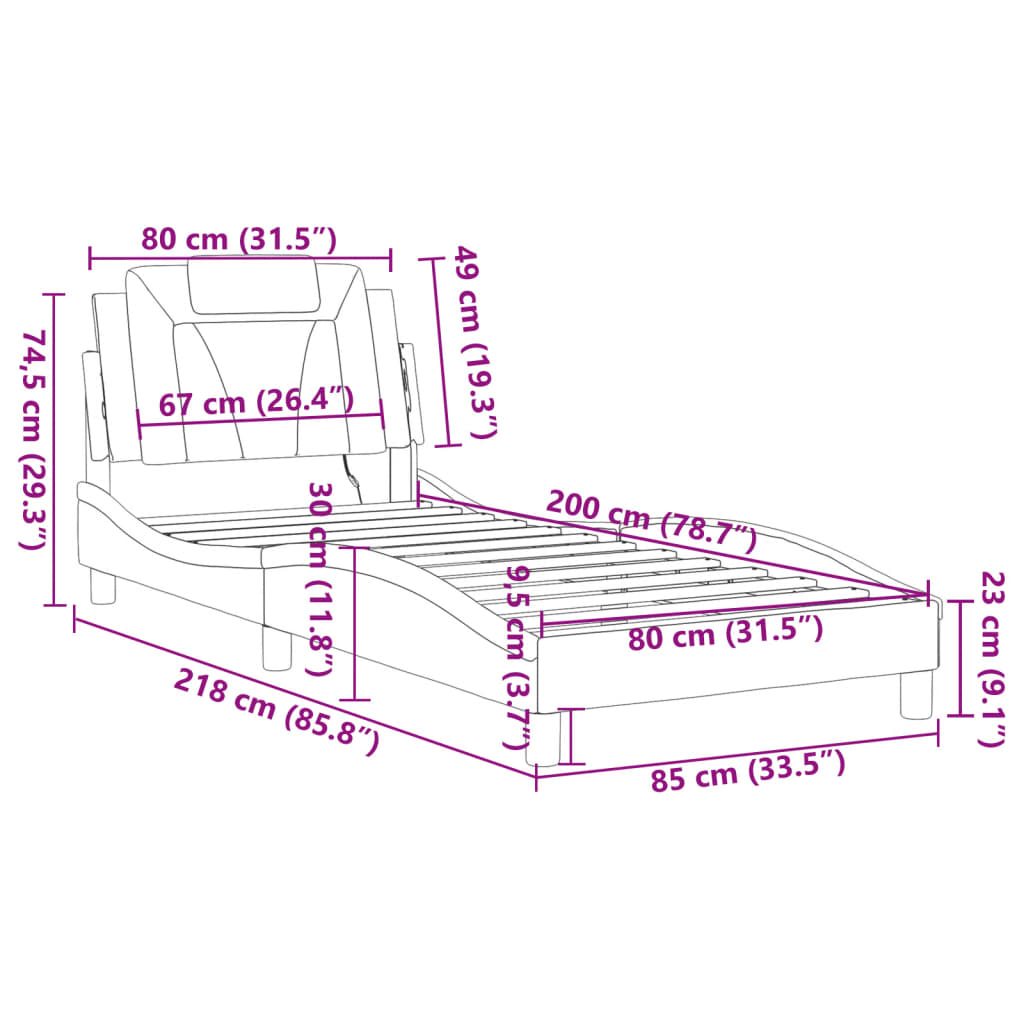 vidaXL Lovos rėmas su LED, juodas ir baltas, 80x200cm, dirbtinė oda