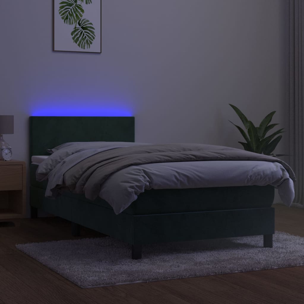 vidaXL Lova su spyruoklėmis/čiužiniu/LED, žalia, 100x200cm, aksomas
