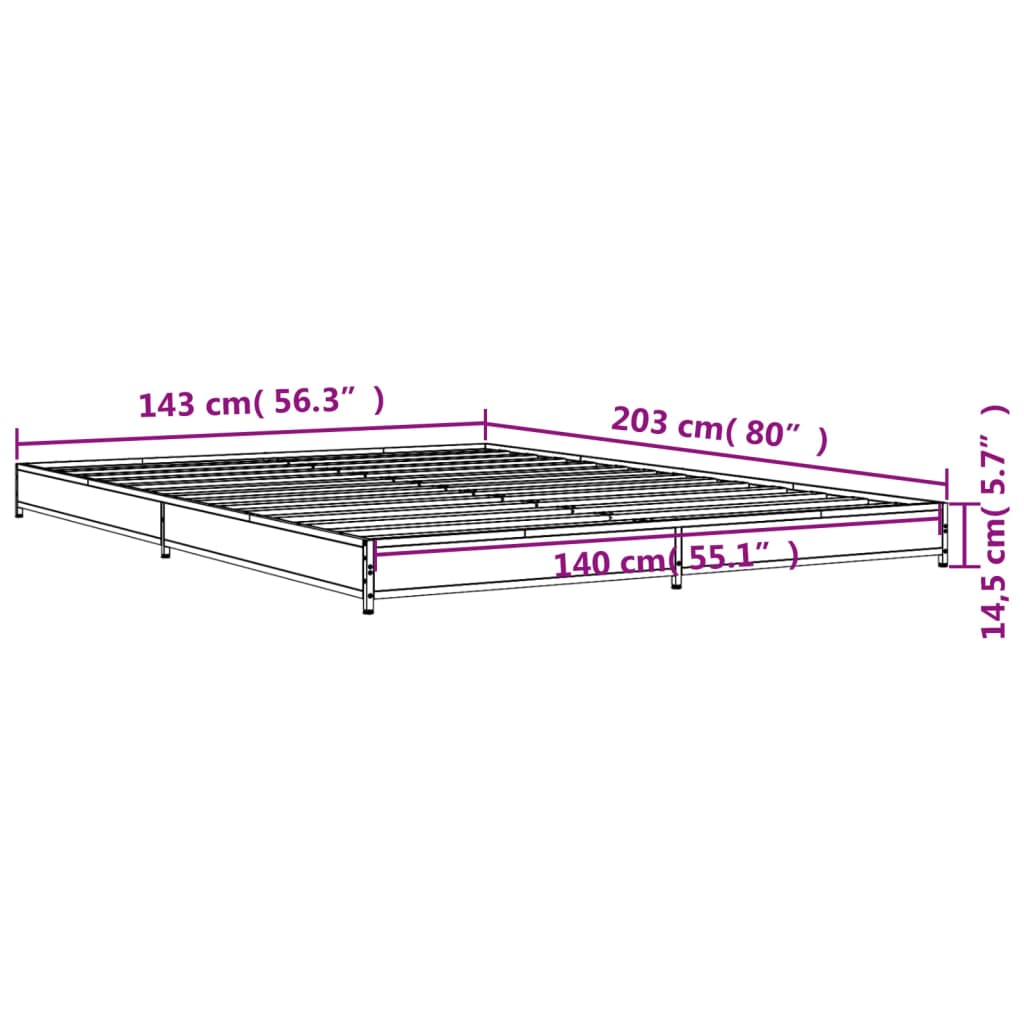 vidaXL Lovos rėmas, rudas ąžuolo, 140x200cm, apdirbta mediena/metalas