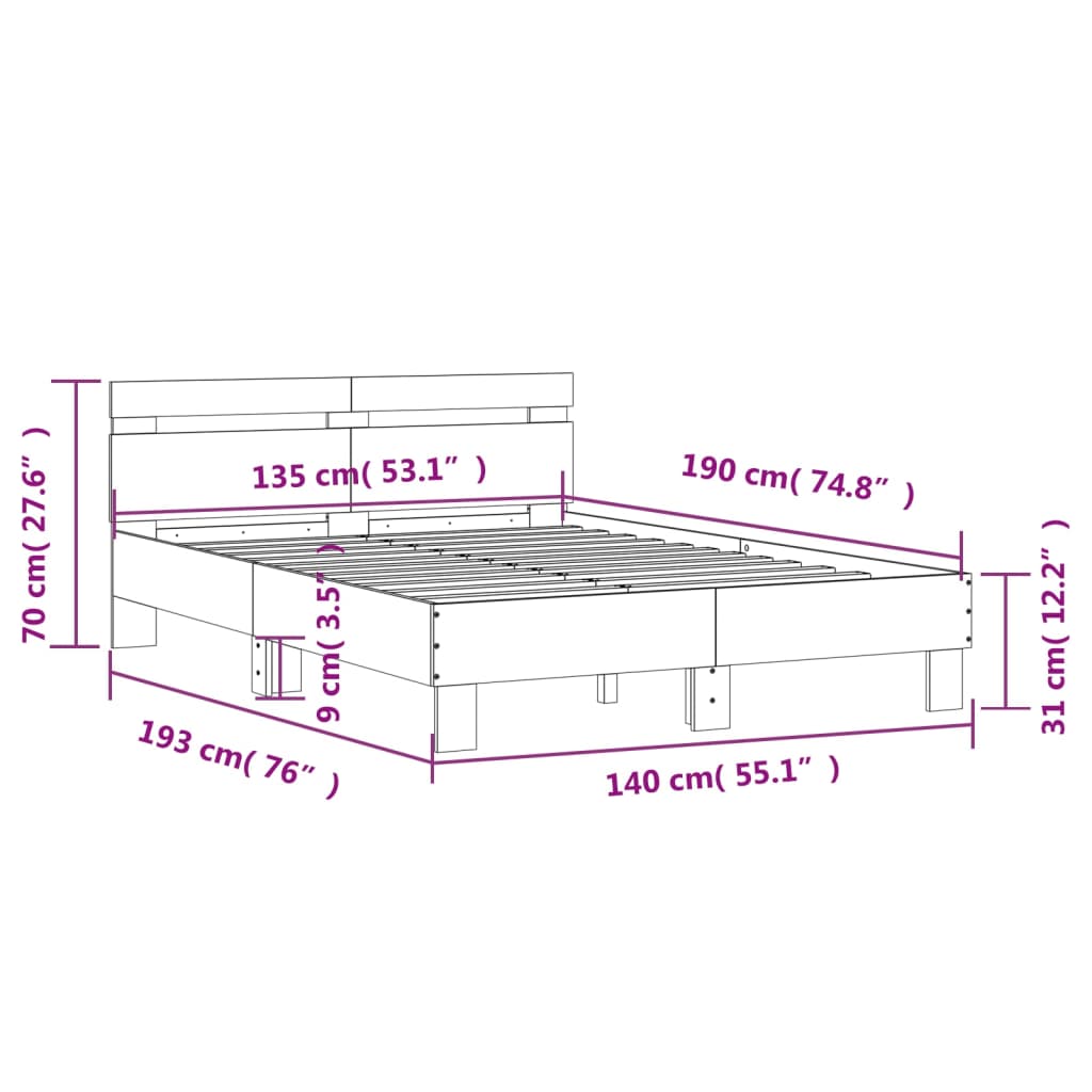 vidaXL Lovos rėmas su galvūgaliu ir LED, sonoma ąžuolo, 135x190cm