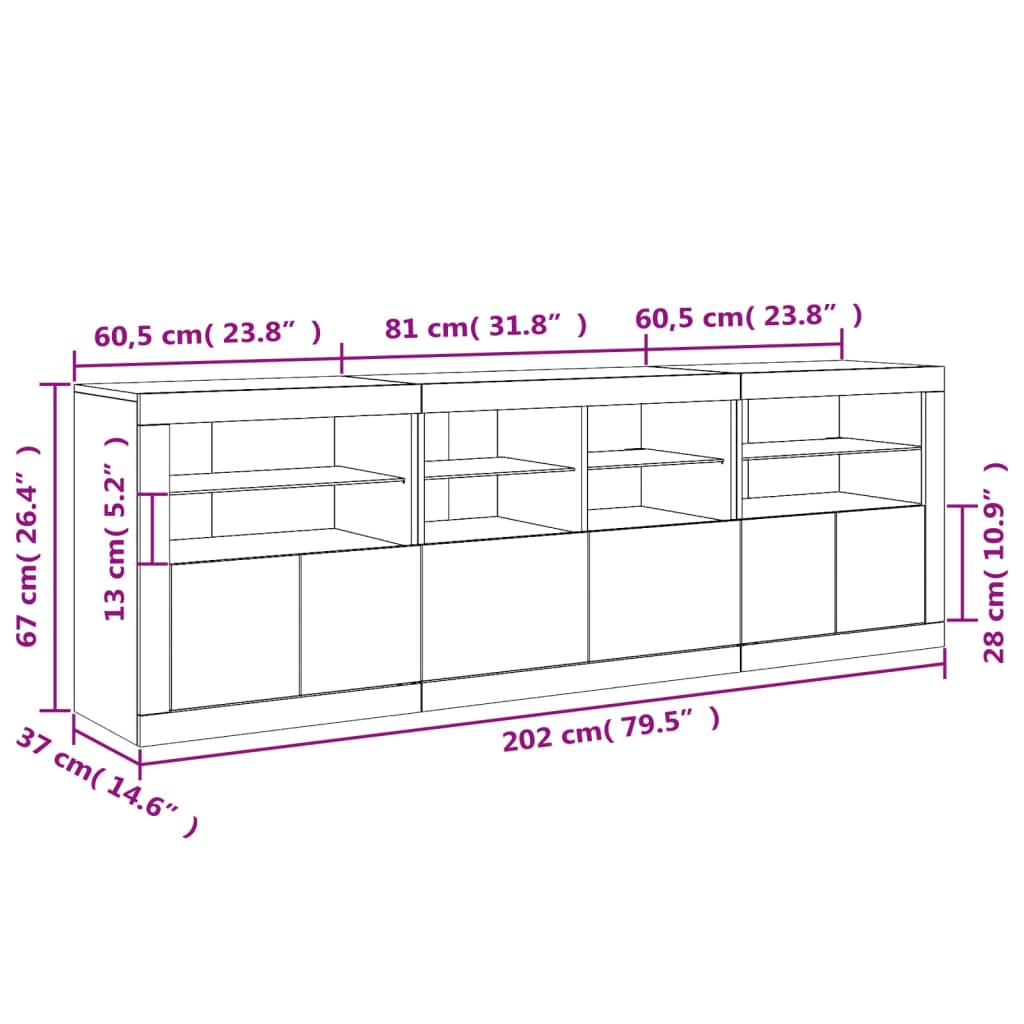 vidaXL Šoninė spintelė su LED lemputėmis, baltos spalvos, 202x37x67cm