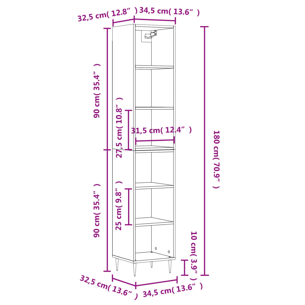 vidaXL Komoda, baltos spalvos, 34,5x32,5x180cm, apdirbta mediena