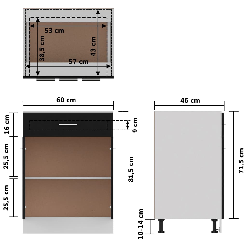vidaXL Apatinė spintelė su stalčiumi, juoda, 60x46x81,5cm, mediena