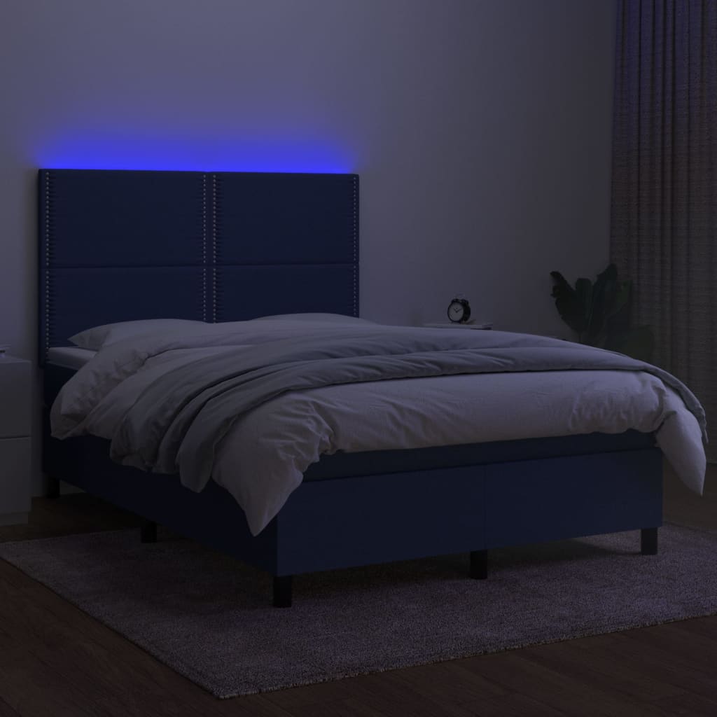 vidaXL Lova su spyruoklėmis/čiužiniu/LED, mėlyna, 140x200 cm, audinys