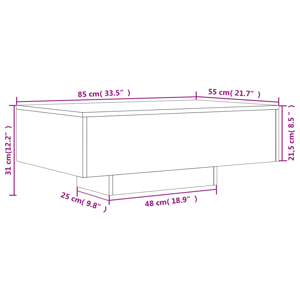 vidaXL Kavos staliukas su LED lemputėmis, dūminio ąžuolo, 85x55x31cm