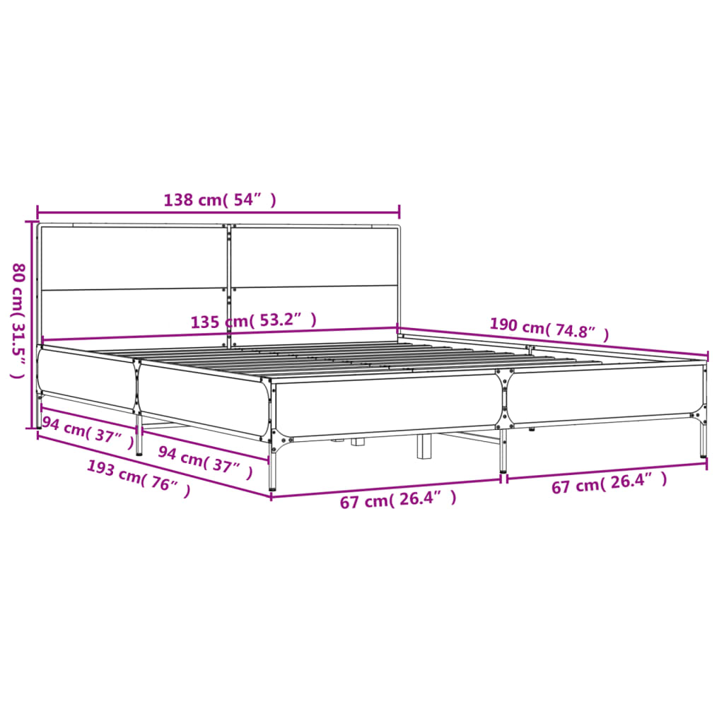 vidaXL Lovos rėmas, dūminio ąžuolo, 135x190cm, mediena ir metalas