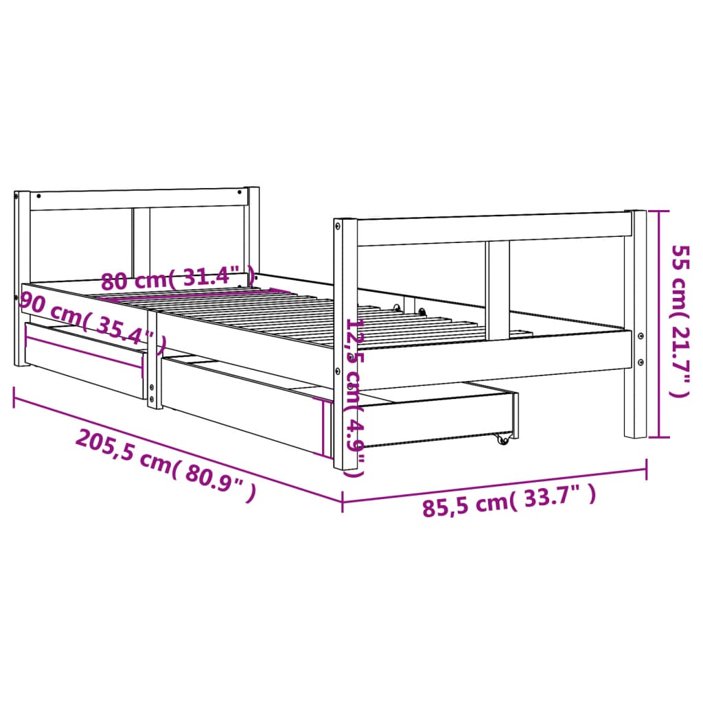 vidaXL Vaikiškos lovos rėmas su stalčiais, juodas, 80x200cm, pušis