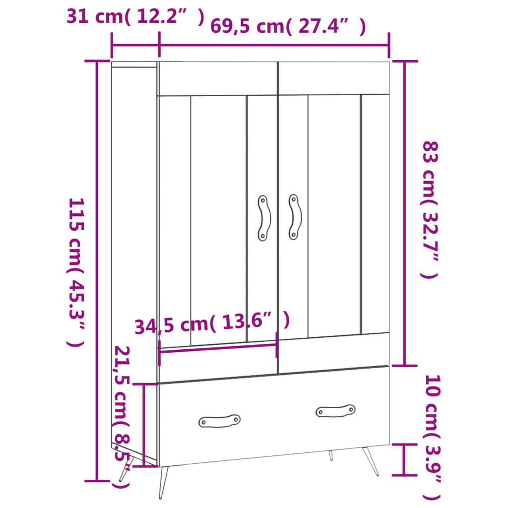 vidaXL Komoda, juodos spalvos, 69,5x31x115cm, apdirbta mediena