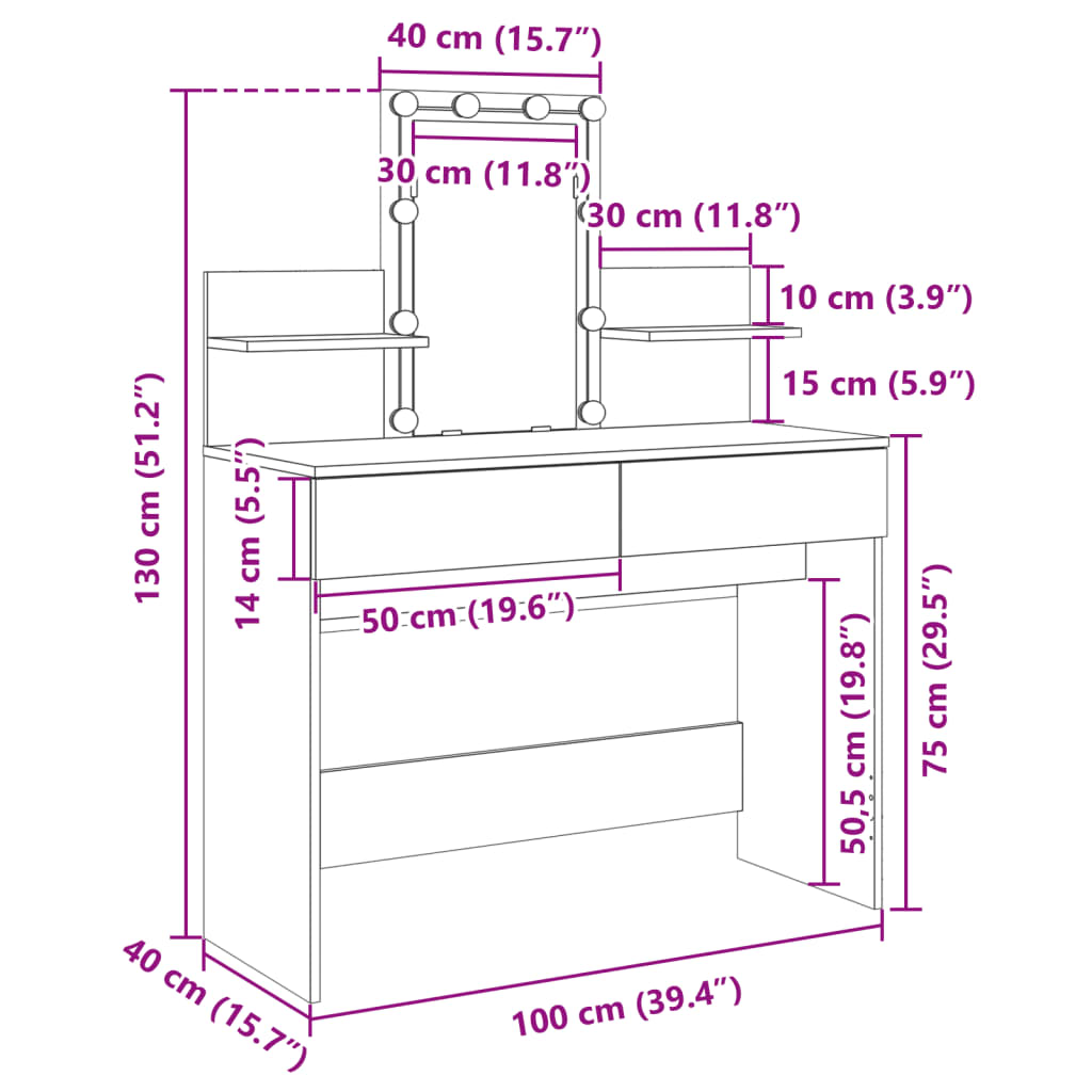 vidaXL Kosmetinis staliukas su LED, dūminio ąžuolo, 100x40x130cm