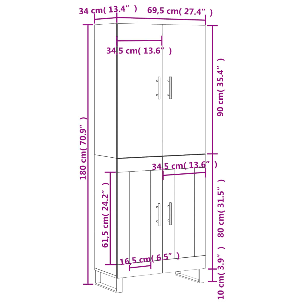 vidaXL Komoda, baltos spalvos, 69,5x34x180cm, apdirbta mediena