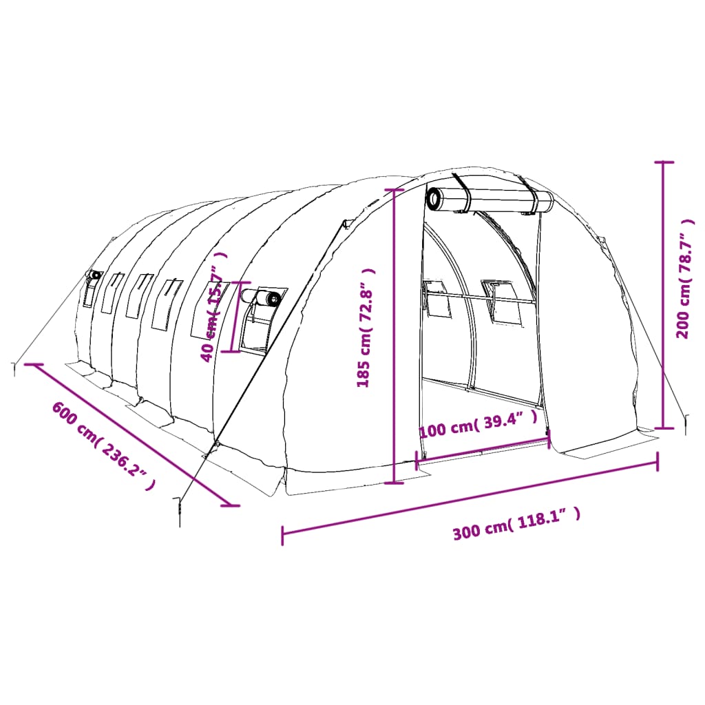 vidaXL Šiltnamis su plieno rėmu, baltos spalvos, 6x3x2m, 18m²