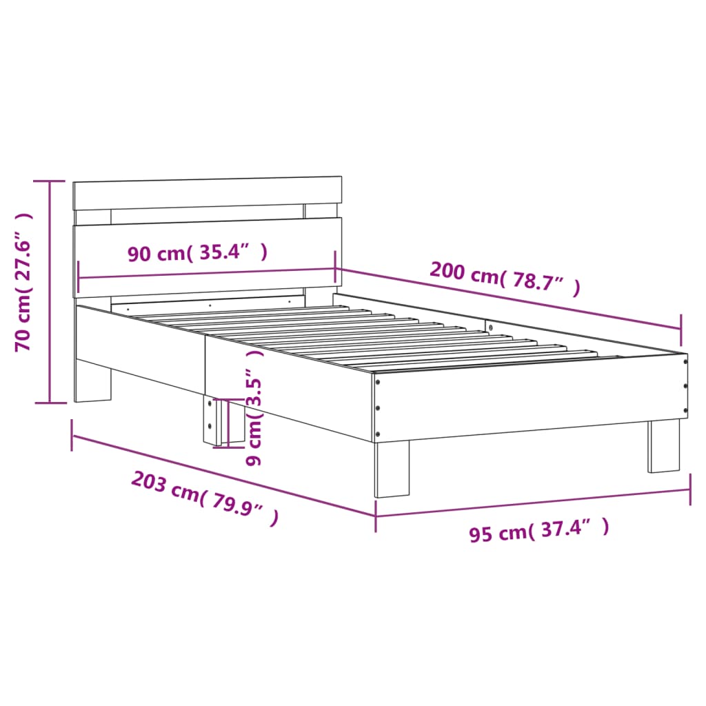 vidaXL Lovos rėmas su galvūgaliu ir LED lemputėmis, juodas, 90x200cm