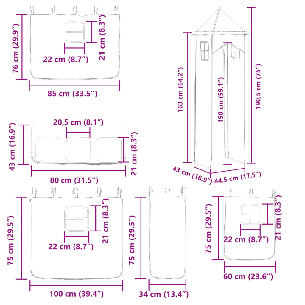 vidaXL Dviaukštė lova su užuolaidomis ir čiuožykla, mėlyna, 80x200cm