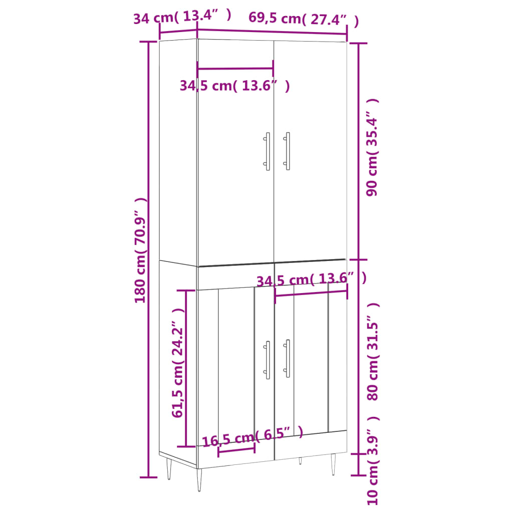 vidaXL Komoda, baltos spalvos, 69,5x34x180cm, apdirbta mediena, blizgi