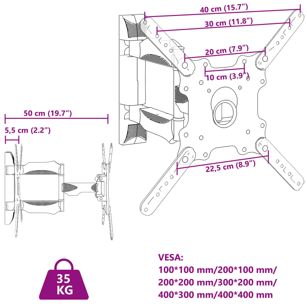 vidaXL Sieninis televizoriaus laikiklis 32-55 colių ekranui, 35kg