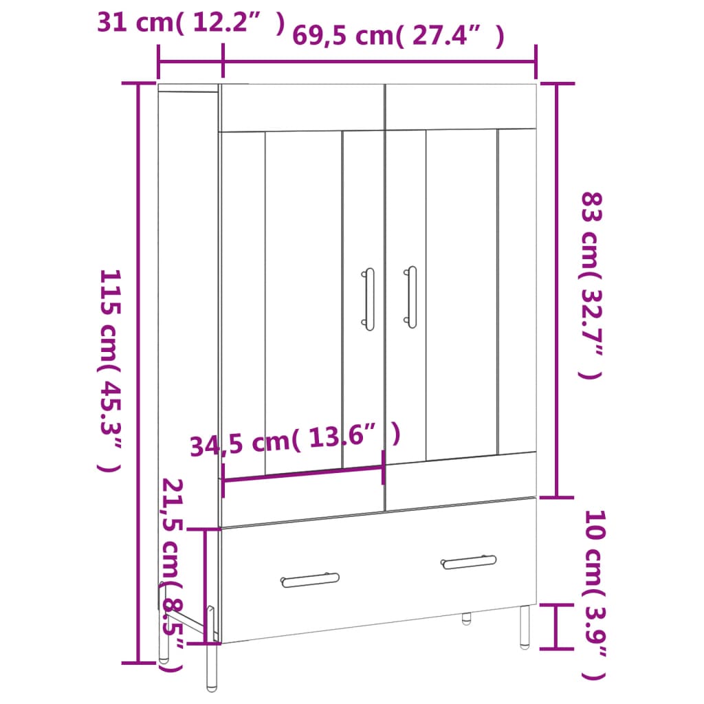 vidaXL Komoda, baltos spalvos, 69,5x31x115cm, apdirbta mediena, blizgi