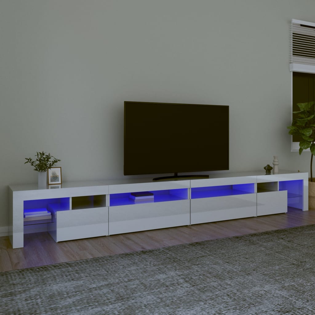 vidaXL TV spintelė su LED apšvietimu, balta, 290x36,5x40cm, blizgi