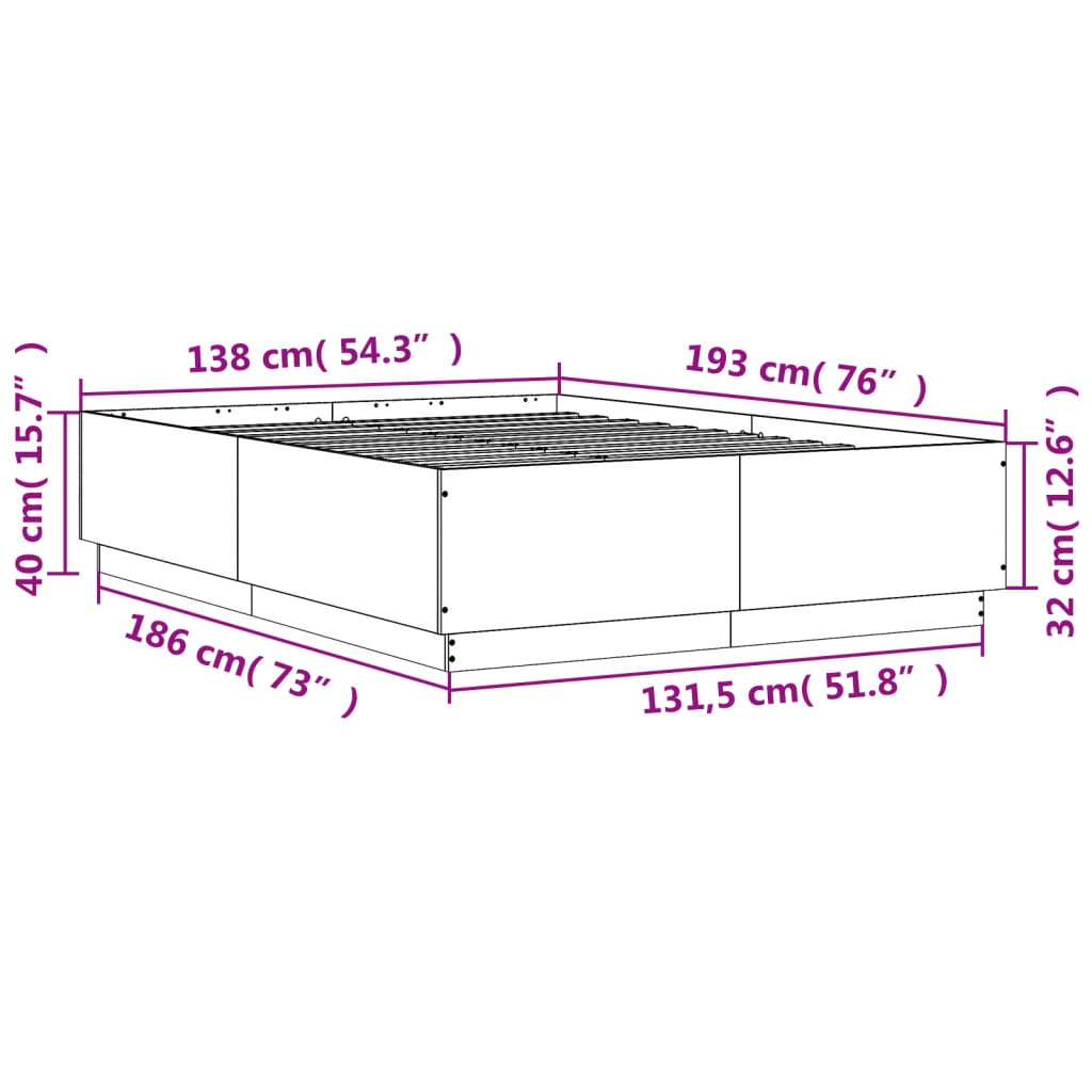 vidaXL Lovos rėmas su LED, dūminio ąžuolo, 135x190cm, apdirbta mediena