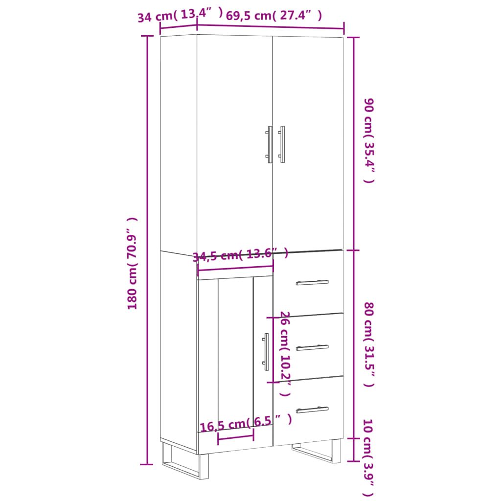 vidaXL Komoda, betono pilkos spalvos, 69,5x34x180cm, apdirbta mediena