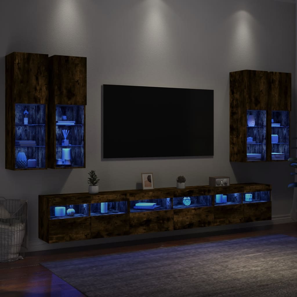 vidaXL Sieninės TV spintelės su LED lemputėmis, 7vnt., dūminės ąžuolo