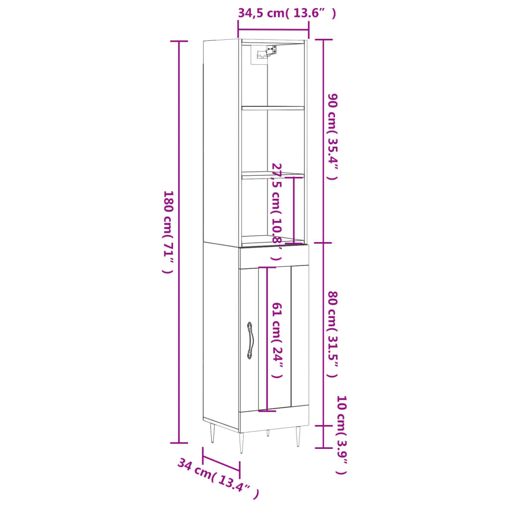 vidaXL Komoda, betono pilkos spalvos, 34,5x34x180cm, apdirbta mediena