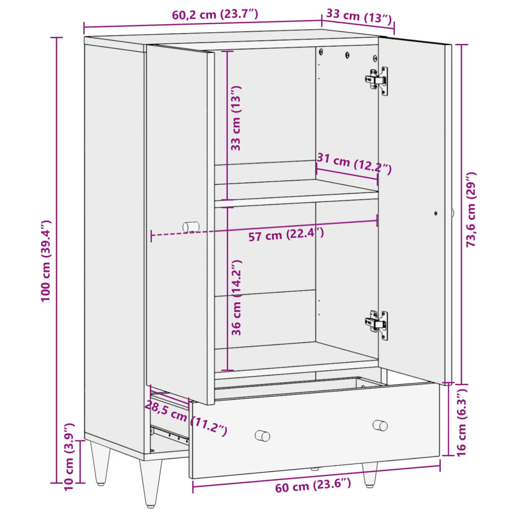 vidaXL Komoda, 60x33x100cm, mango medienos masyvas