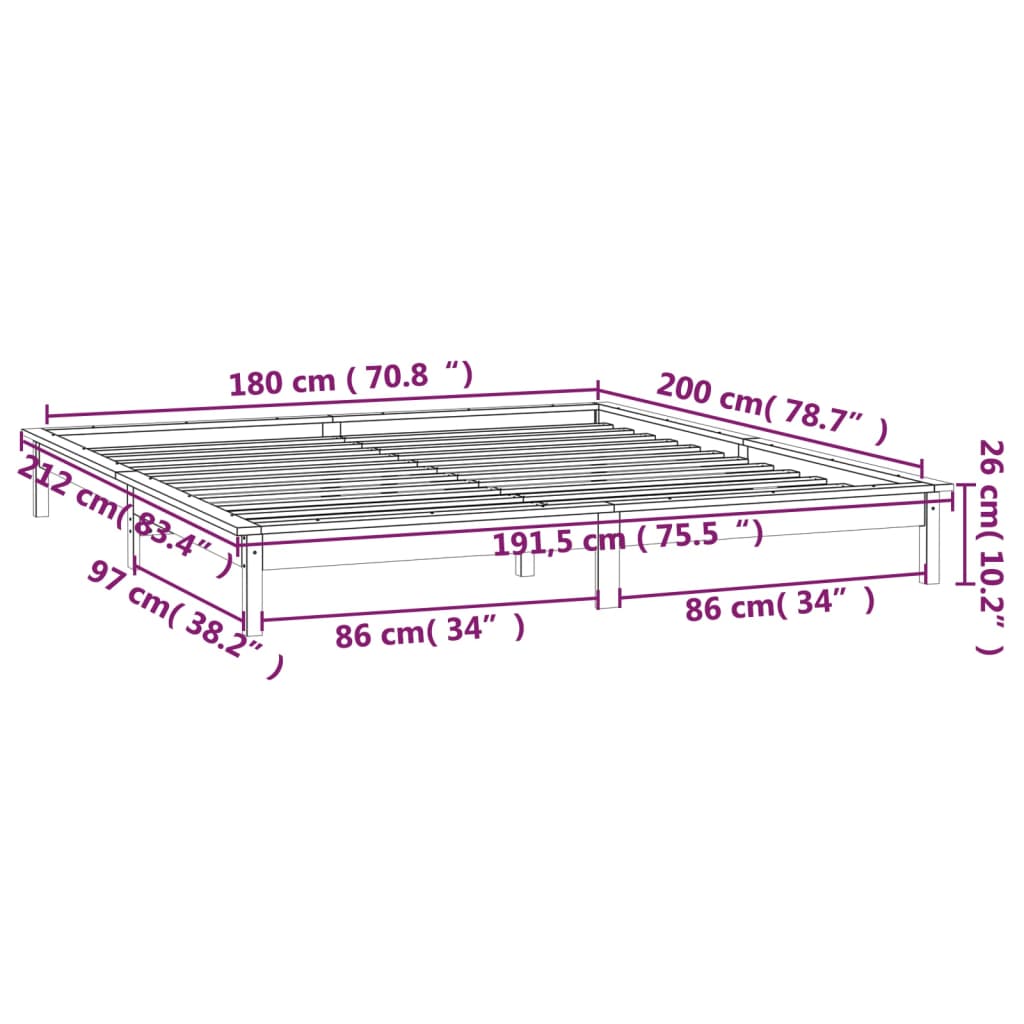 vidaXL Lovos rėmas su LED, pilkas, 180x200cm, mediena, itin didelis