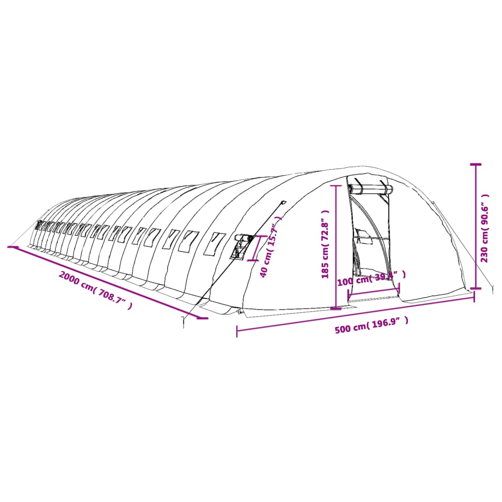 vidaXL Šiltnamis su plieno rėmu, žalios spalvos, 20x5x2,3m, 100m²