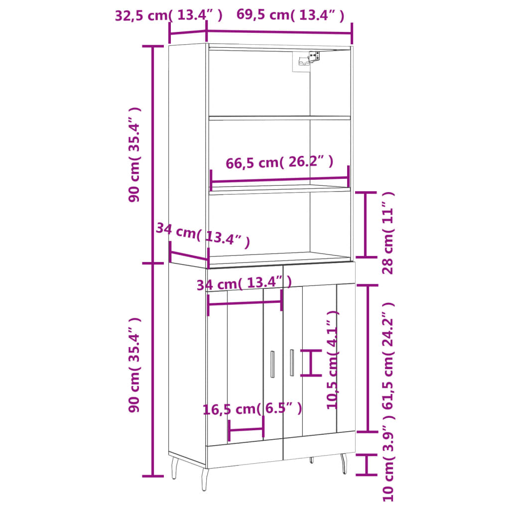 vidaXL Komoda, betono pilkos spalvos, 69,5x34x180cm, apdirbta mediena