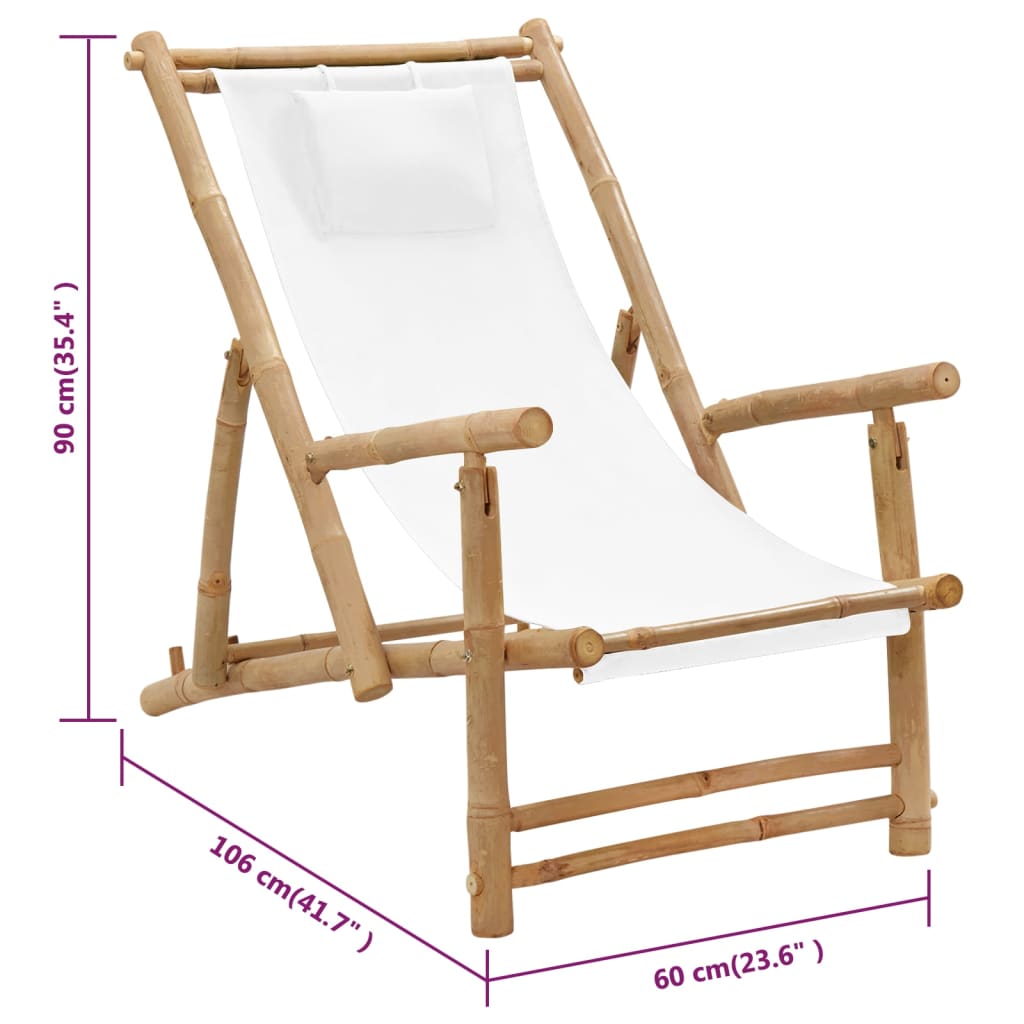 vidaXL Terasos kėdė, baltos spalvos, bambukas ir drobė