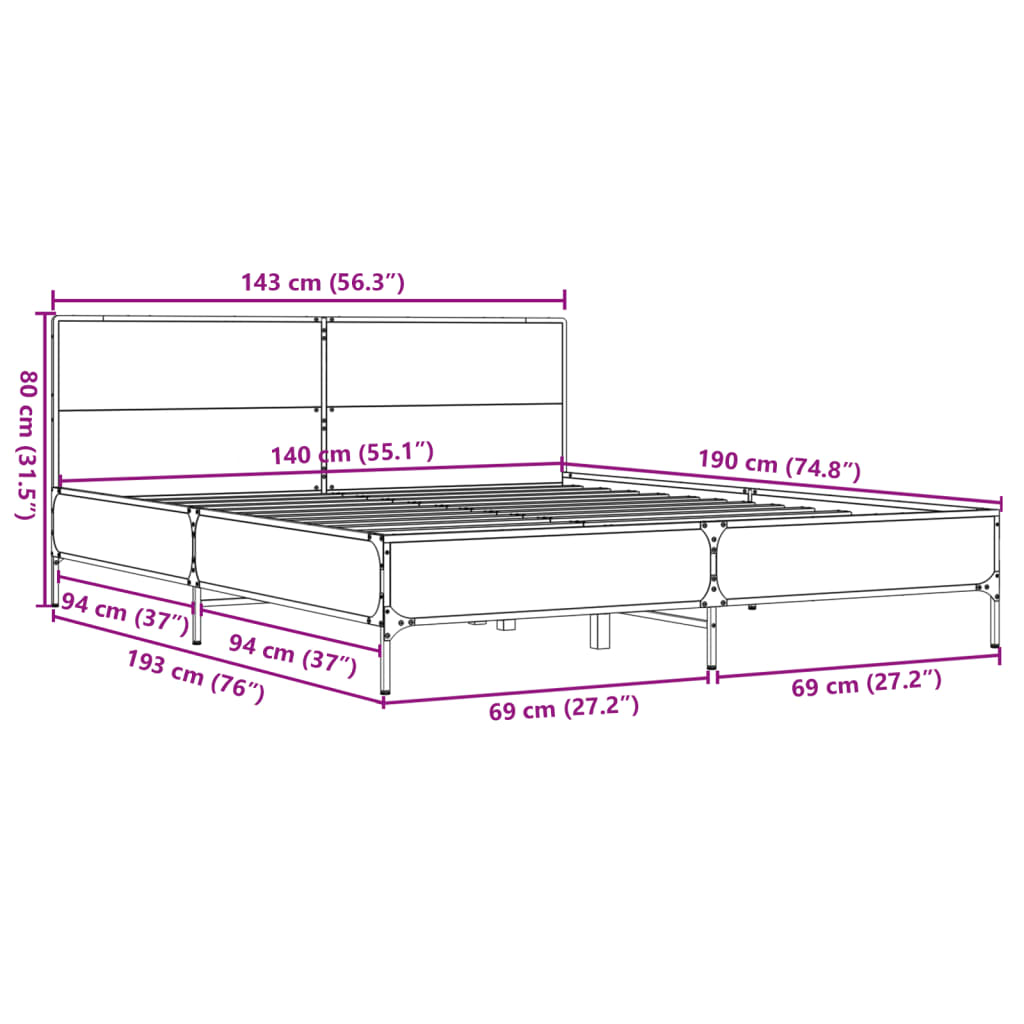 vidaXL Lovos rėmas, dūminio ąžuolo, 140x190cm, mediena ir metalas