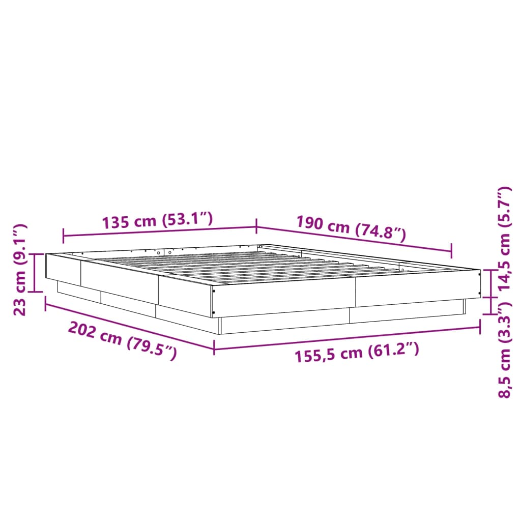 vidaXL Lovos rėmas su LED, baltas, 135x190cm, apdirbta mediena