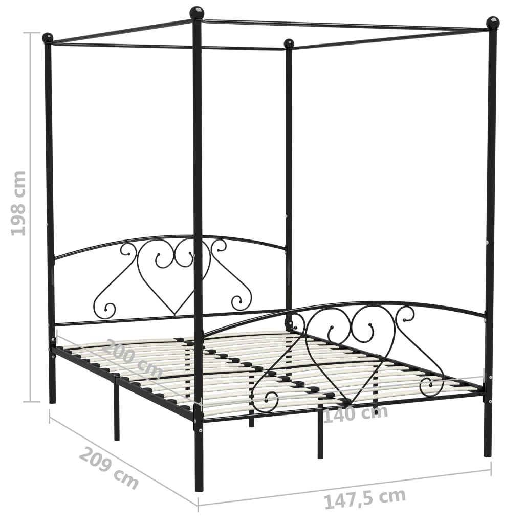 vidaXL Lovos rėmas su baldakimu, juodos spalvos, 140x200cm, metalas