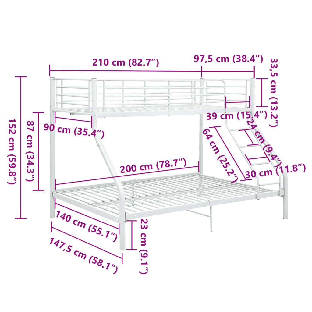 vidaXL Dviaukštės lovos rėmas, baltas, 140x200cm/90x200cm, metalas