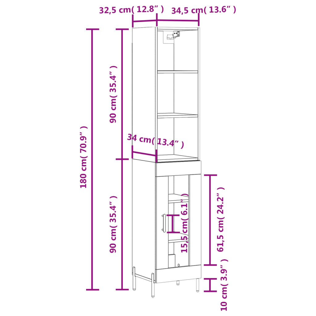 vidaXL Komoda, baltos spalvos, 34,5x34x180cm, apdirbta mediena, blizgi