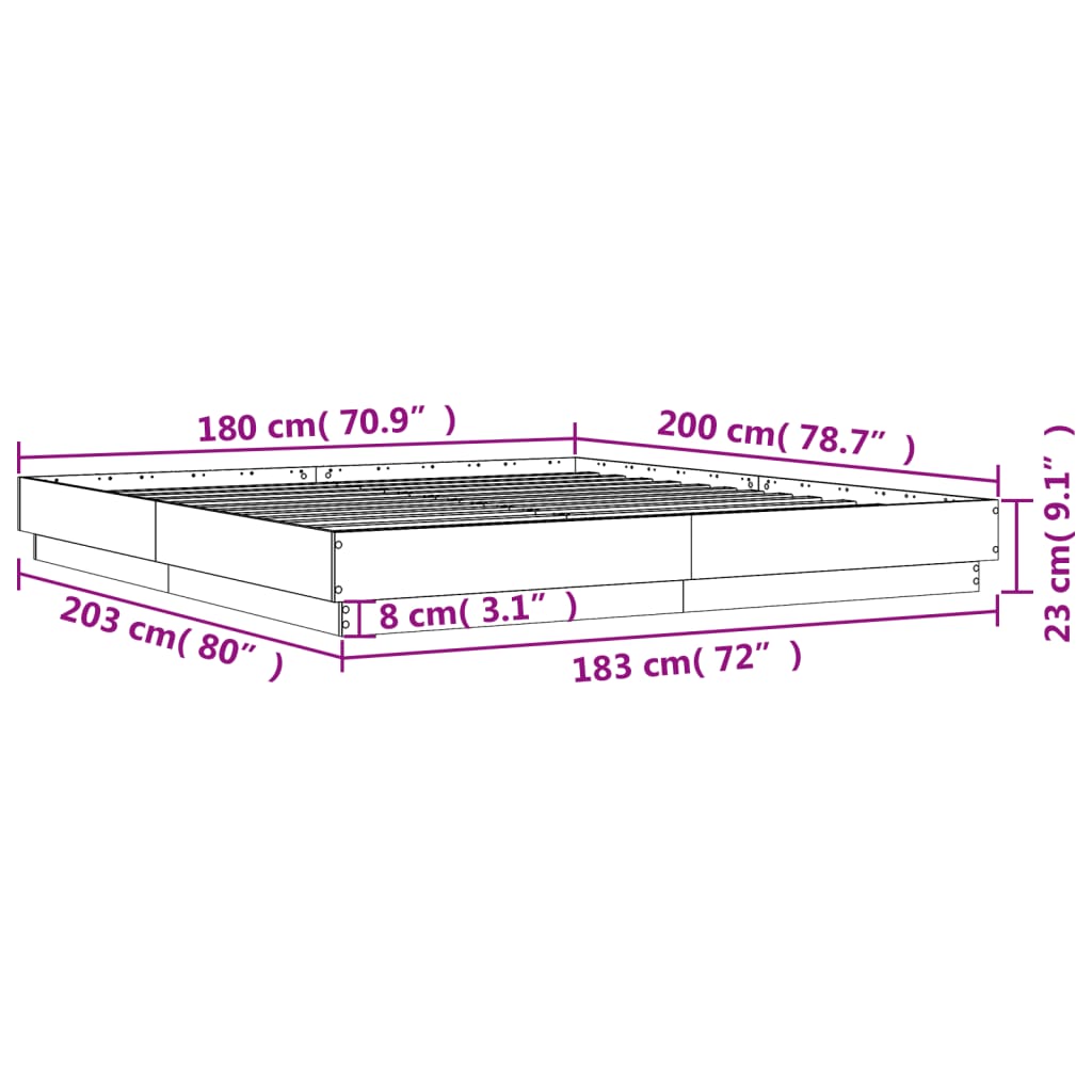 vidaXL Lovos rėmas su LED lemputėmis, sonoma ąžuolo spalvos, 180x200cm