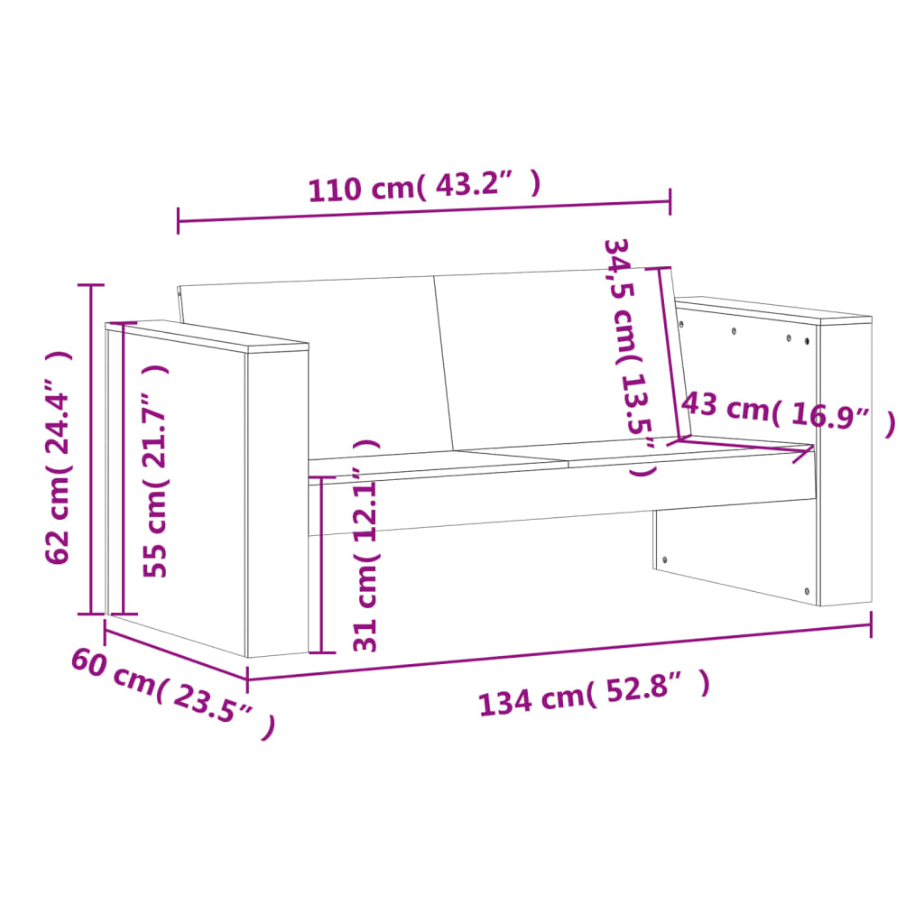 vidaXL Dvivietė sodo sofa, 134x60x62cm, douglas eglės medienos masyvas