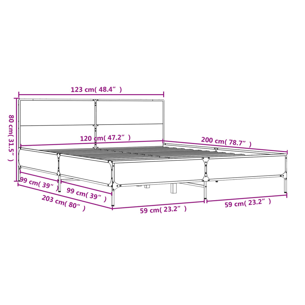 vidaXL Lovos rėmas, rudas ąžuolo, 120x200cm, apdirbta mediena/metalas