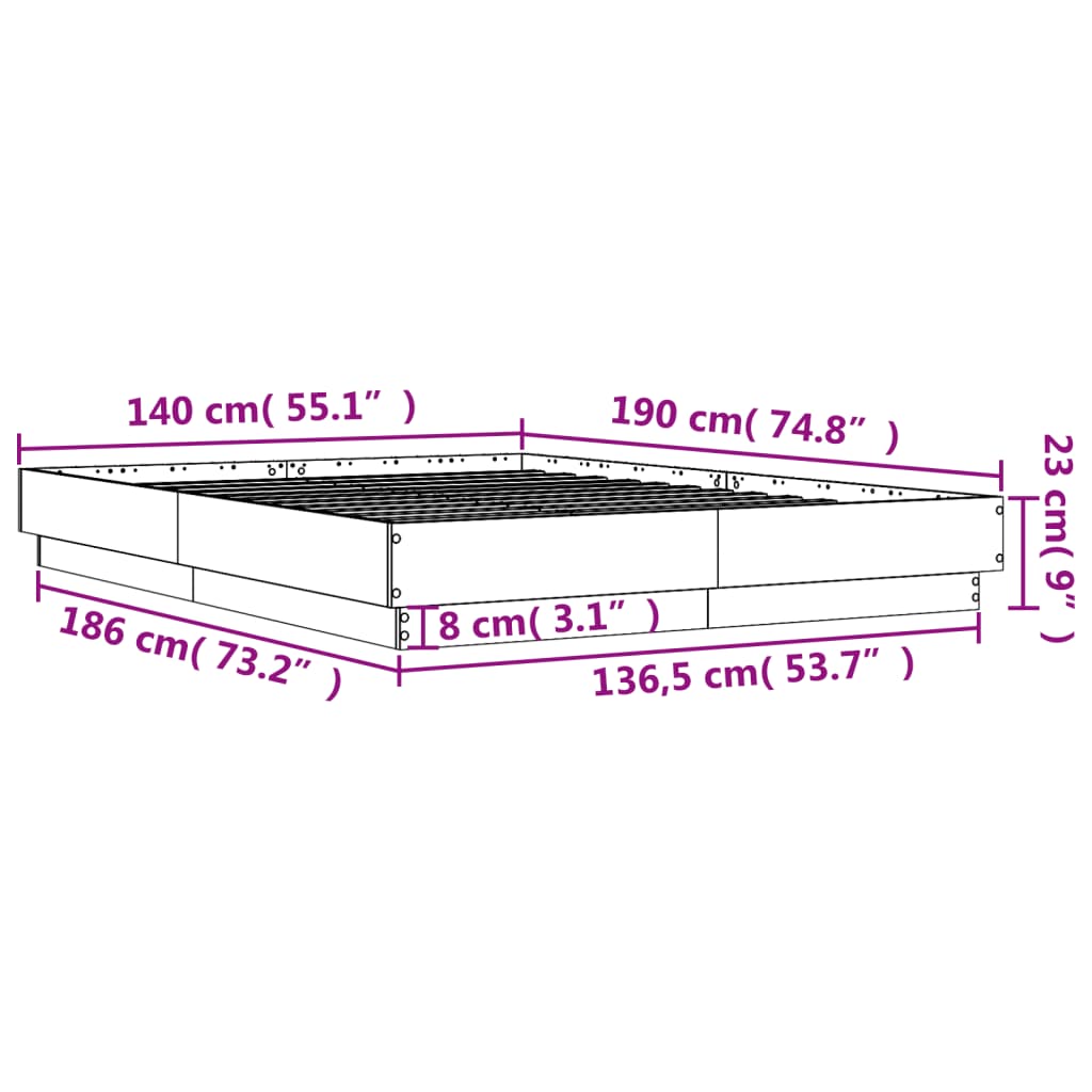 vidaXL Lovos rėmas su LED lemputėmis, rudos ąžuolo spalvos, 140x190cm