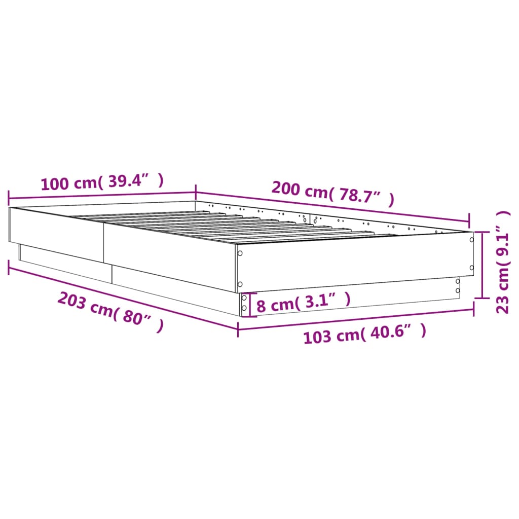 vidaXL Lovos rėmas su LED lemputėmis, sonoma ąžuolo spalvos, 100x200cm