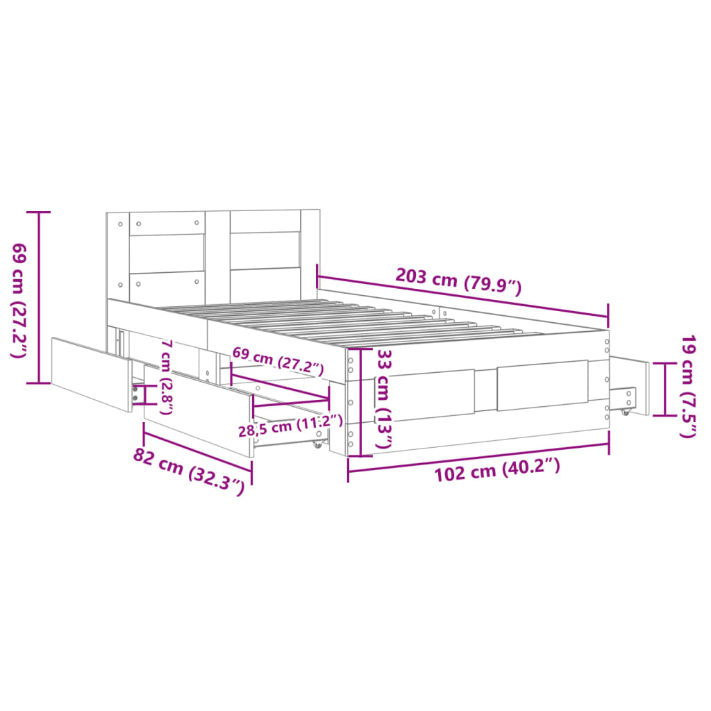 vidaXL Lovos rėmas su galvūgaliu, pilkas ąžuolo, 100x200cm, mediena