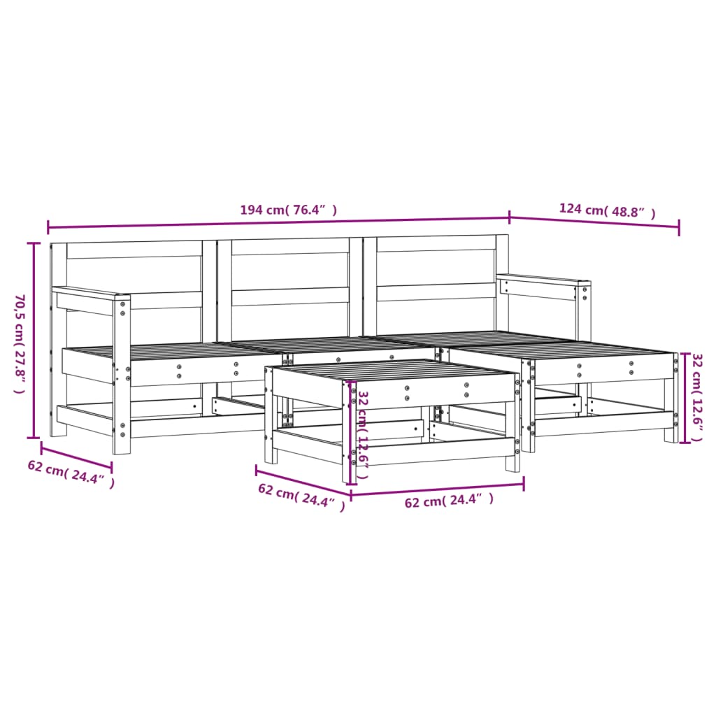 vidaXL Sodo poilsio baldų komplektas, 5 dalių, pilkas, pušies masyvas