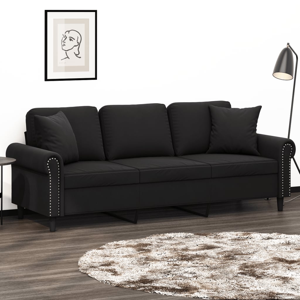 vidaXL Trivietė sofa su pagalvėlėmis, juodos spalvos, 180cm, aksomas