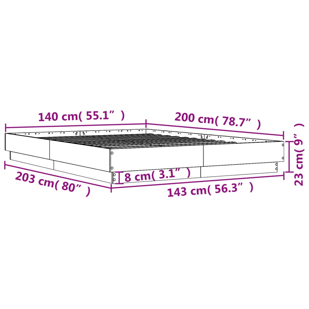 vidaXL Lovos rėmas su LED lemputėmis, sonoma ąžuolo spalvos, 140x200cm