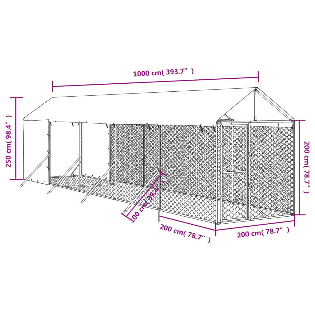 vidaXL Lauko voljeras šunims su stogu, sidabrinis, 2x10x2,5m, plienas