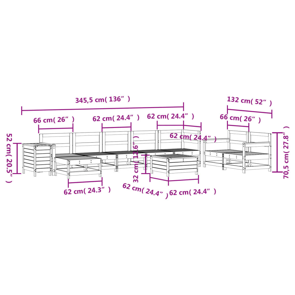 vidaXL Sodo sofos komplektas, 10 dalių, baltas, pušies masyvas